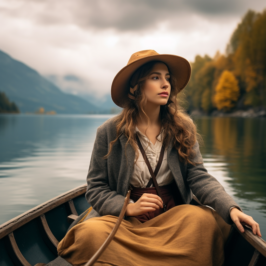 There is a woman on a boat, on a lake, wearing a coat